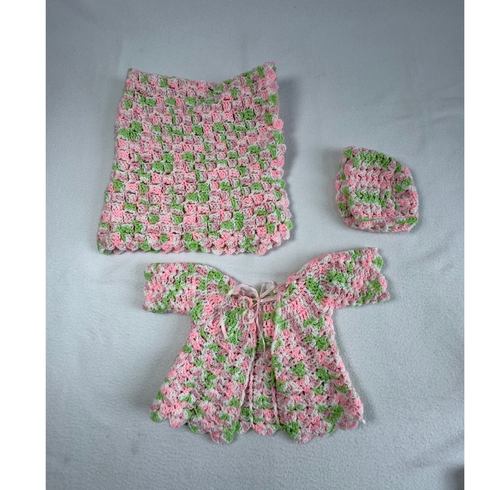 Vintage Style Handmade Baby 0-3M Crochet Set Pink Green Blanket Cardiganβ Hat